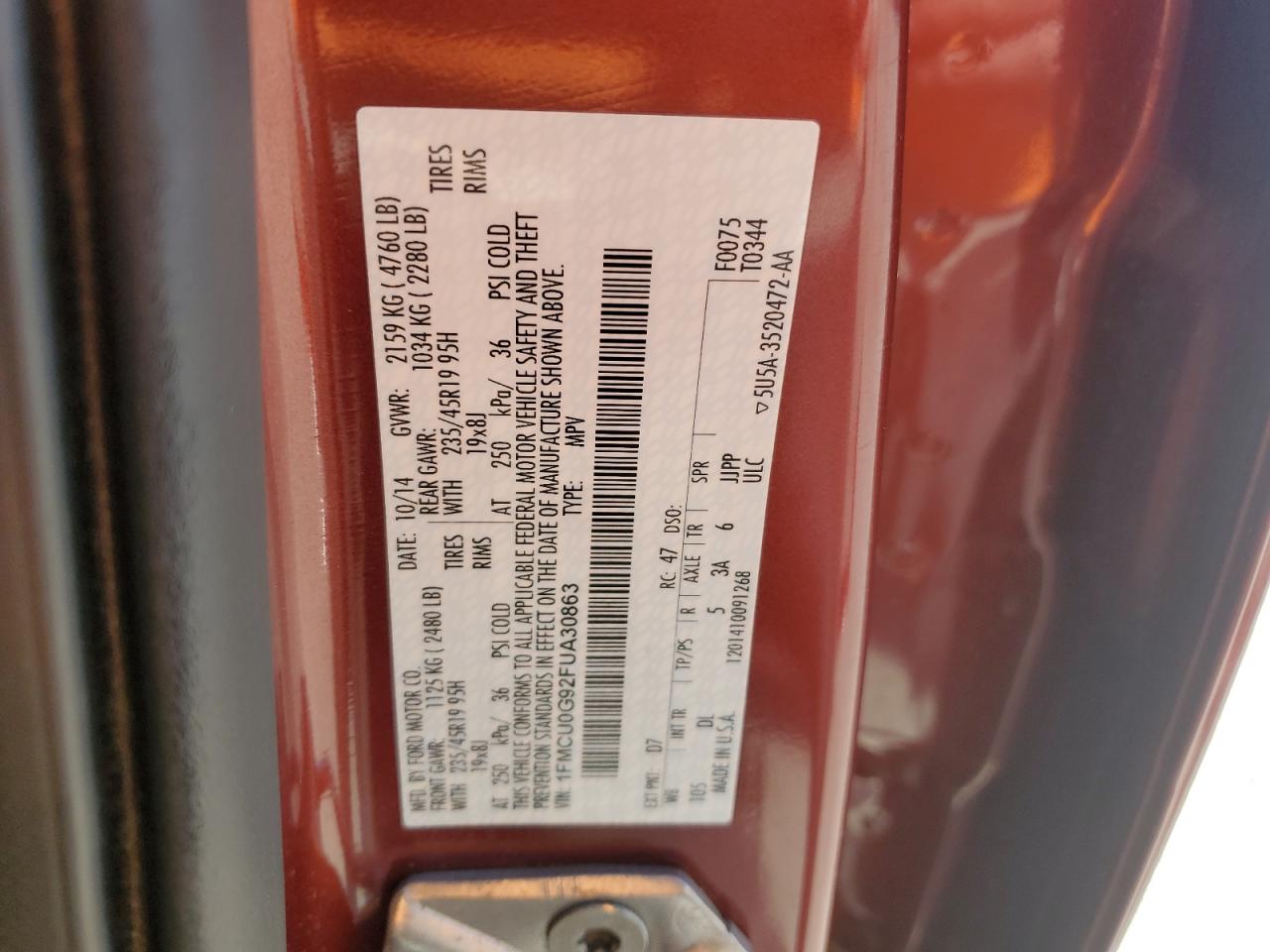 2015 Ford Escape Se VIN: 1FMCU0G92FUA30863 Lot: 85845225