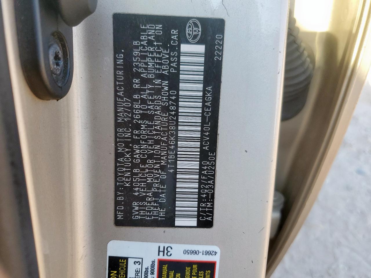 2008 Toyota Camry Ce VIN: 4T1BE46K38U248740 Lot: 85184395