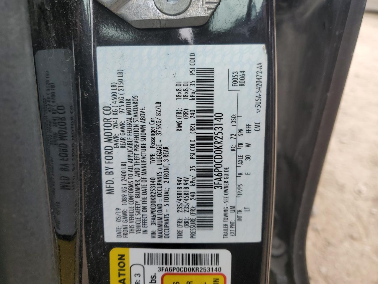 2019 Ford Fusion Sel VIN: 3FA6P0CD0KR253140 Lot: 90580815