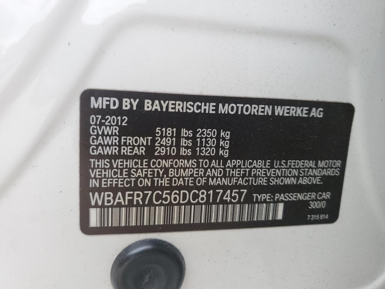 2013 BMW 535 I VIN: WBAFR7C56DC817457 Lot: 82314905