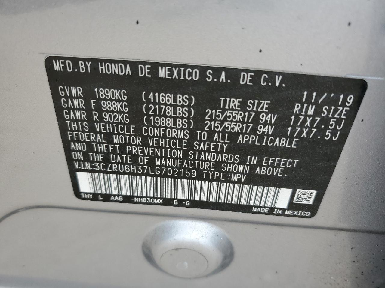 2020 Honda Hr-V Lx VIN: 3CZRU6H37LG702159 Lot: 85895925