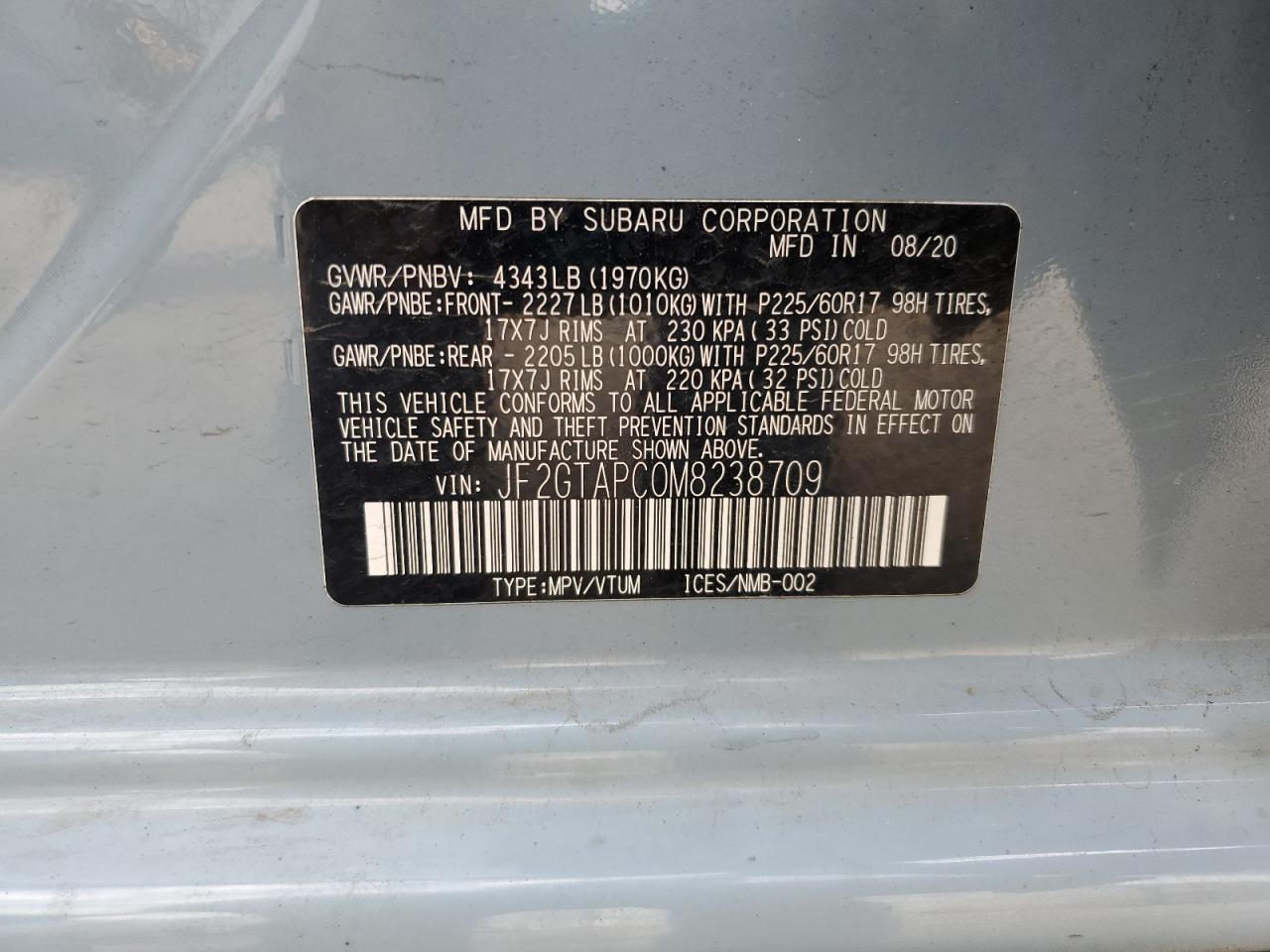 2021 Subaru Crosstrek Premium VIN: JF2GTAPC0M8238709 Lot: 84837995