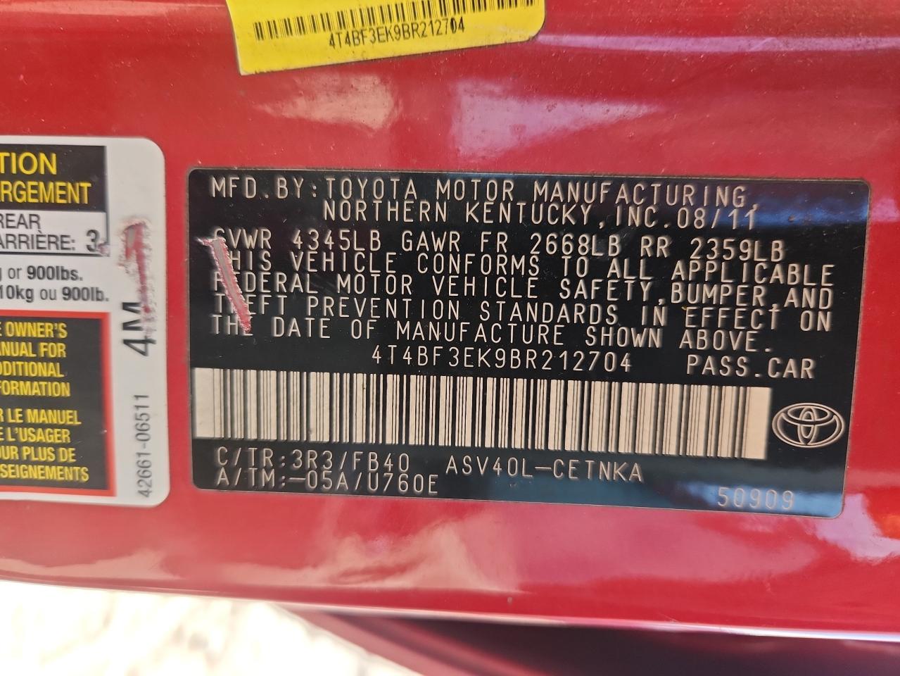 2011 Toyota Camry Base VIN: 4T4BF3EK9BR212704 Lot: 81990425
