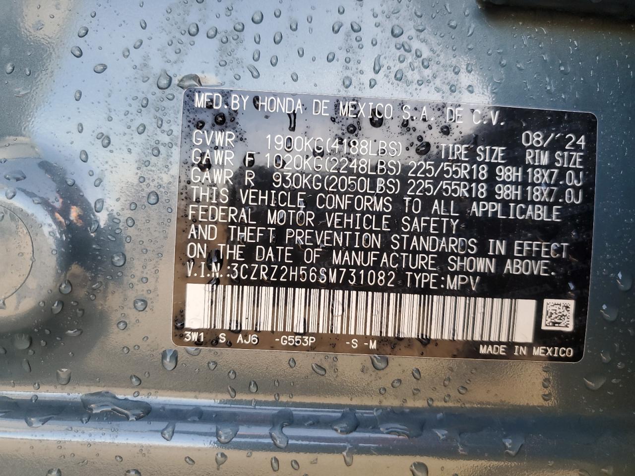 2025 Honda Hr-V Sport VIN: 3CZRZ2H56SM731082 Lot: 84560395
