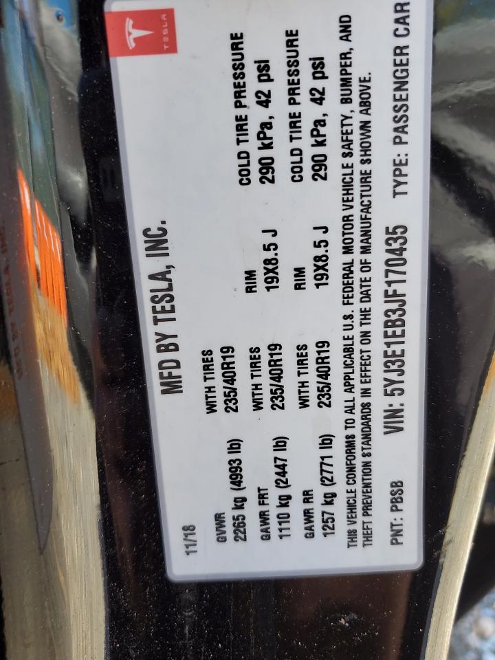 2018 Tesla Model 3 VIN: 5YJ3E1EB3JF170435 Lot: 91078935