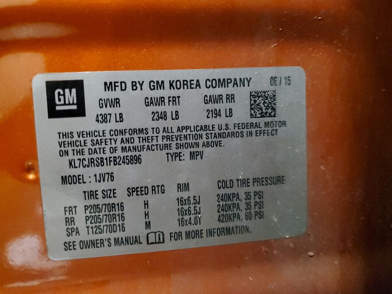 2015 Chevrolet Trax 1Lt VIN: KL7CJRSB1FB245896 Lot: 84931845