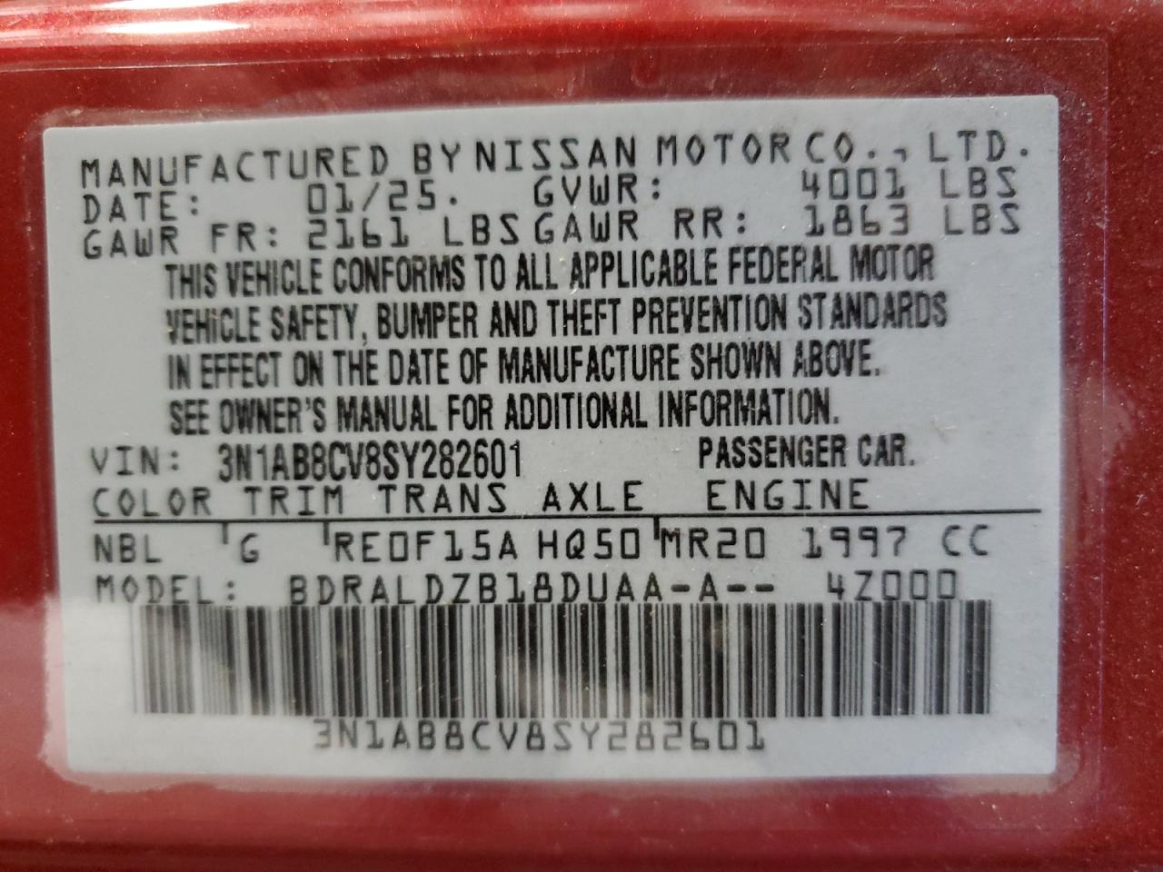 2025 Nissan Sentra Sv VIN: 3N1AB8CV8SY282601 Lot: 86102245