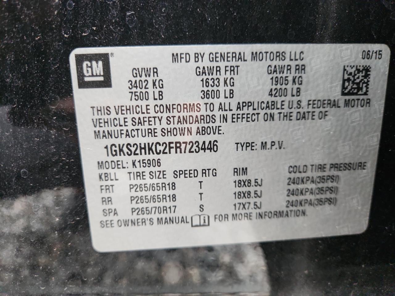 2015 GMC Yukon Xl K1500 Slt VIN: 1GKS2HKC2FR723446 Lot: 87265635