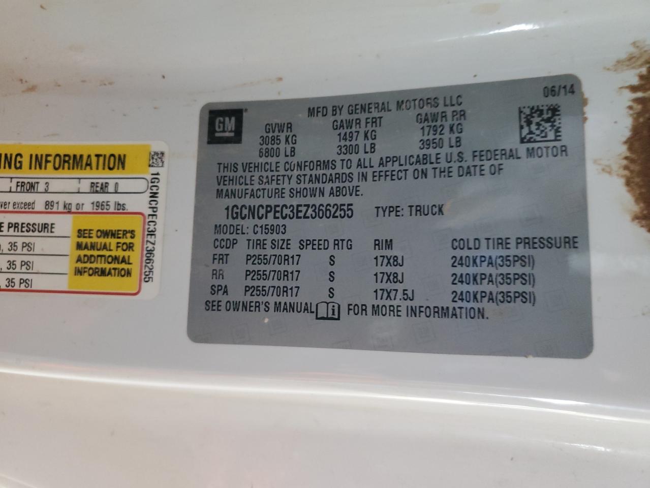 2014 Chevrolet Silverado C1500 VIN: 1GCNCPEC3EZ366255 Lot: 85009755