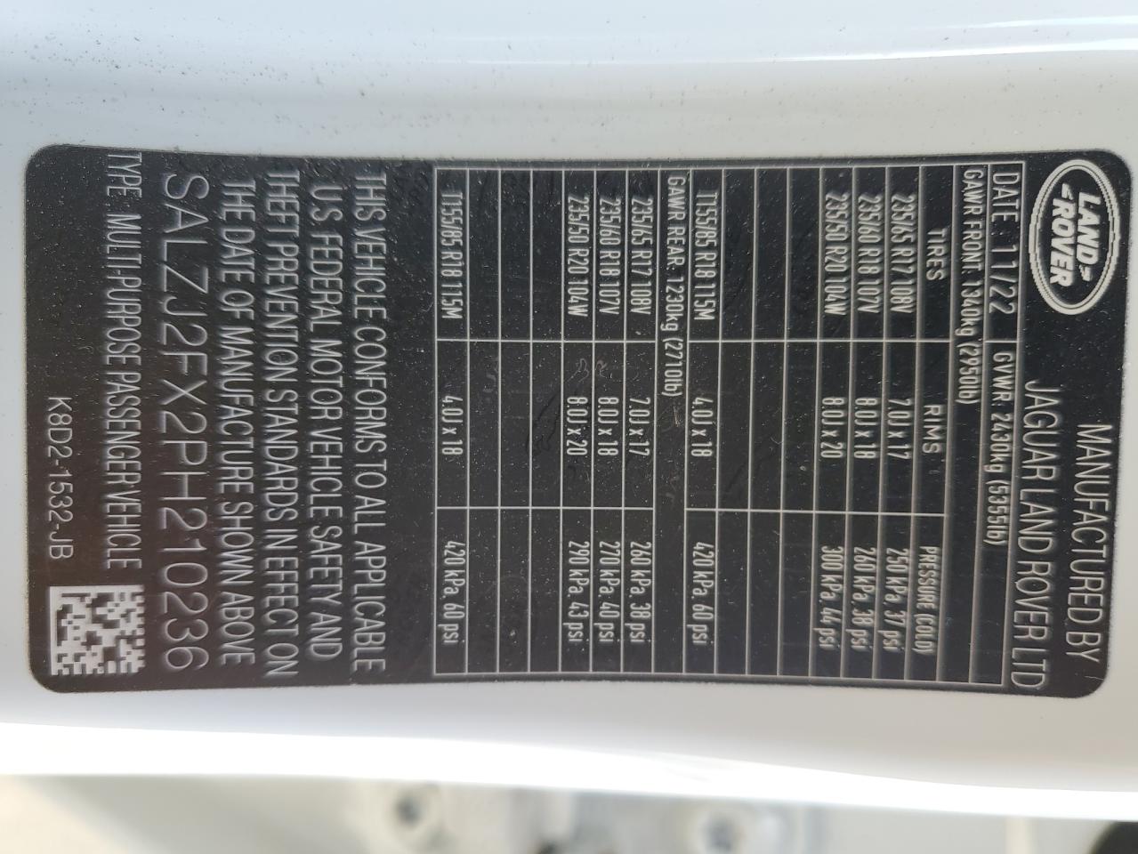 2023 Land Rover Range Rover Evoque S VIN: SALZJ2FX2PH210236 Lot: 89519205