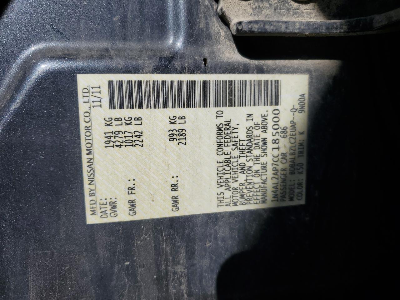 2012 Nissan Altima Base VIN: 1N4AL2AP7CC185000 Lot: 86149765