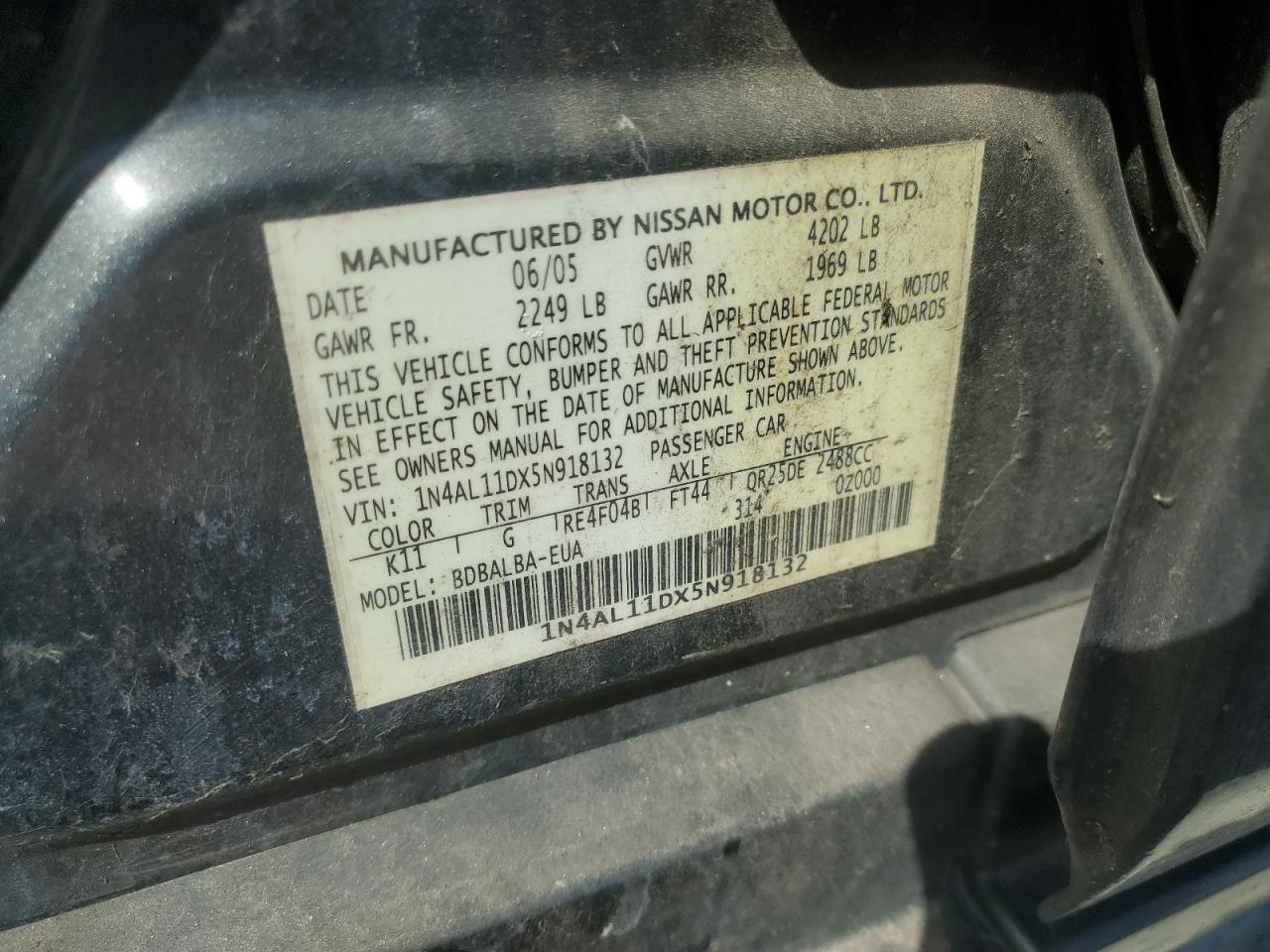 2005 Nissan Altima S VIN: 1N4AL11DX5N918132 Lot: 86862075