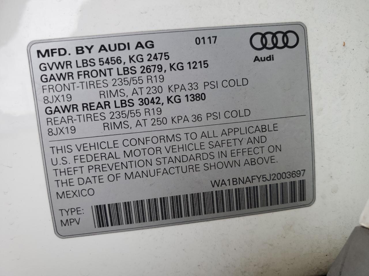 2018 Audi Q5 Premium Plus VIN: WA1BNAFY5J2003697 Lot: 86830235