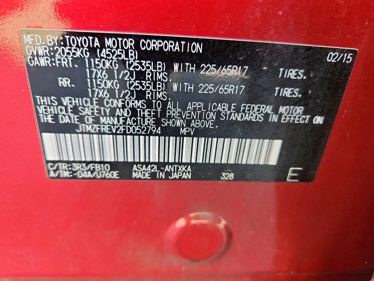 2015 Toyota Rav4 Le VIN: JTMZFREV2FD052794 Lot: 85865705