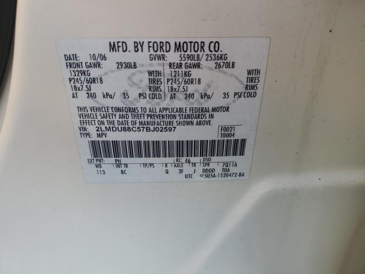 2007 Lincoln Mkx VIN: 2LMDU88C57BJ02597 Lot: 82201825