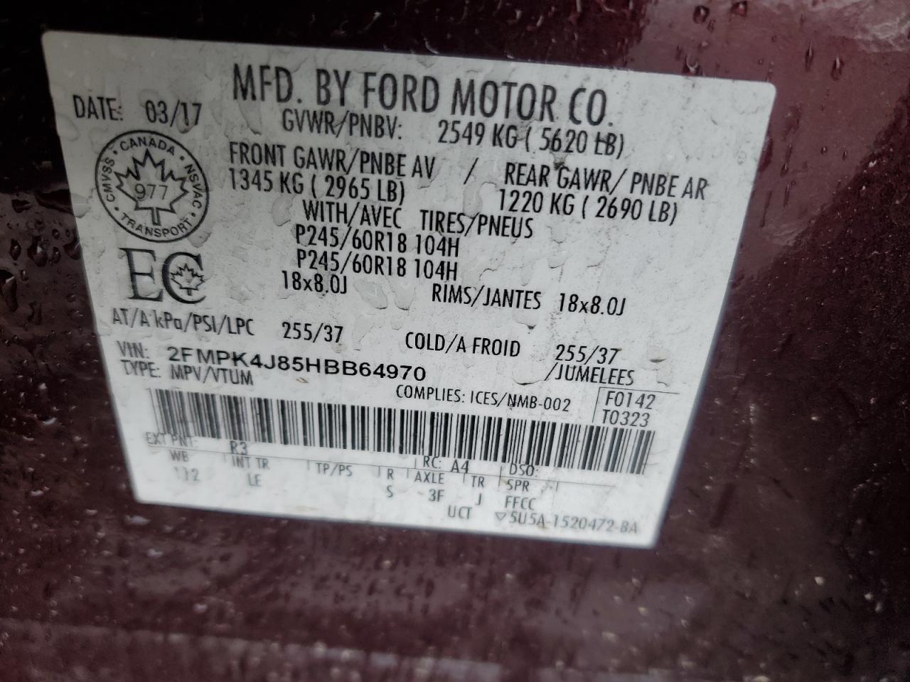 2017 Ford Edge Sel VIN: 2FMPK4J85HBB64970 Lot: 84470235