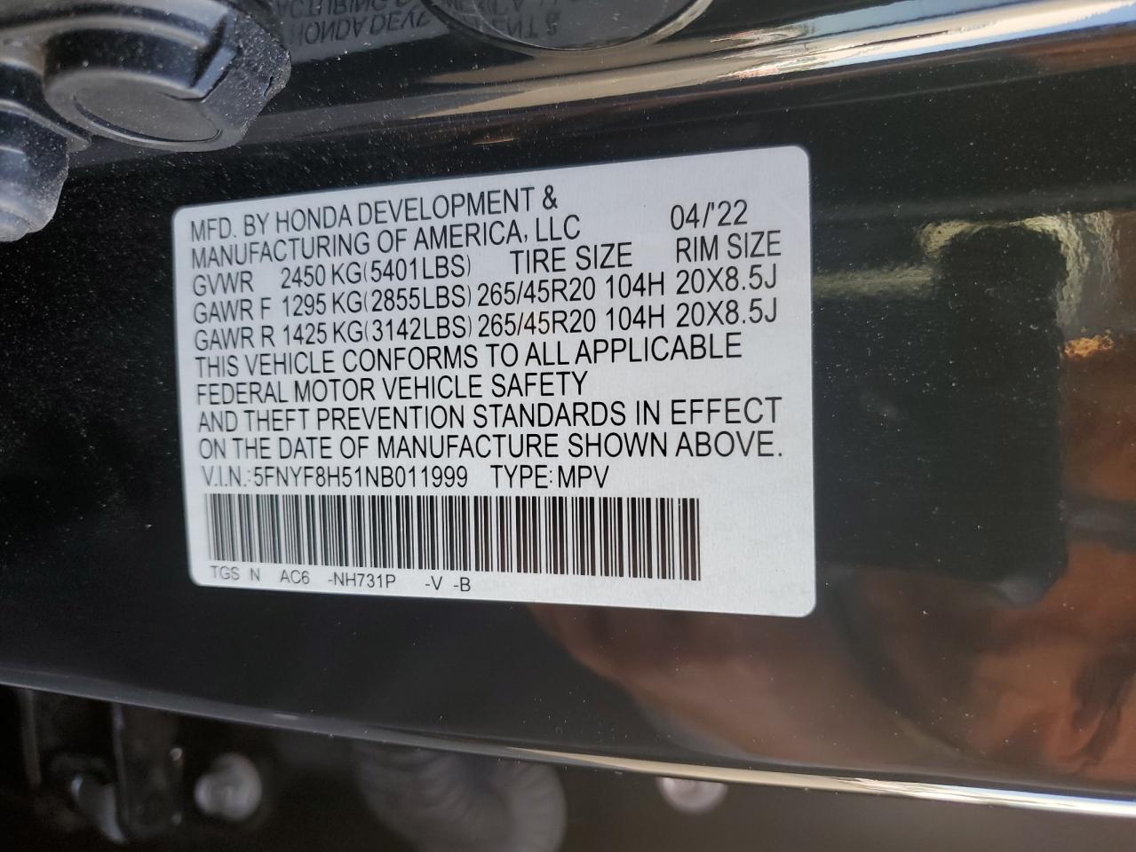 2022 Honda Passport Exl VIN: 5FNYF8H51NB011999 Lot: 89546035