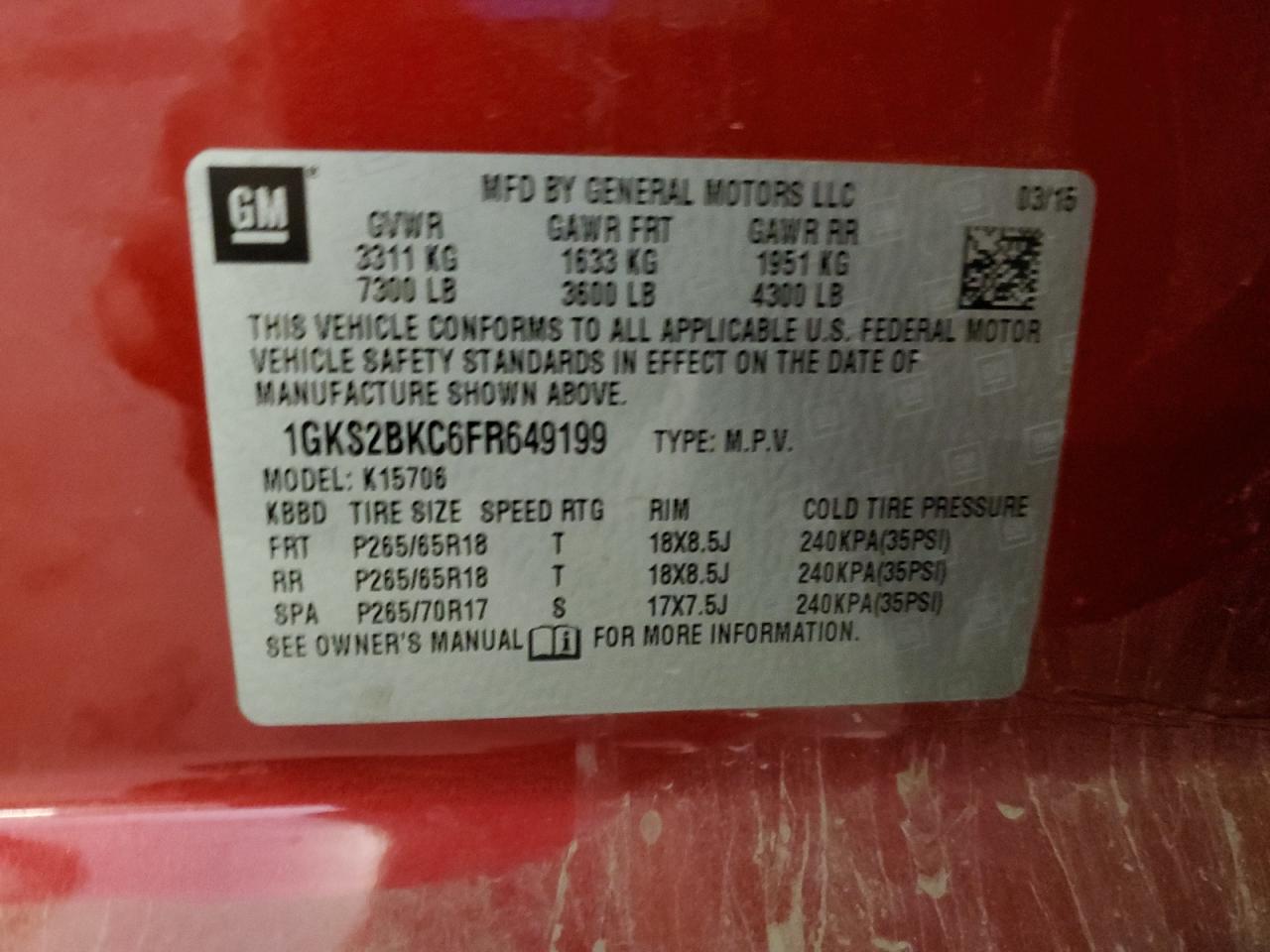 2015 GMC Yukon Slt VIN: 1GKS2BKC6FR649199 Lot: 89651755