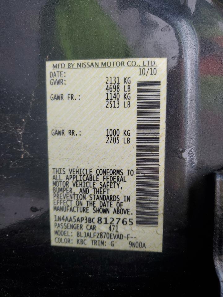 2011 Nissan Maxima S VIN: 1N4AA5AP3BC812765 Lot: 86162335