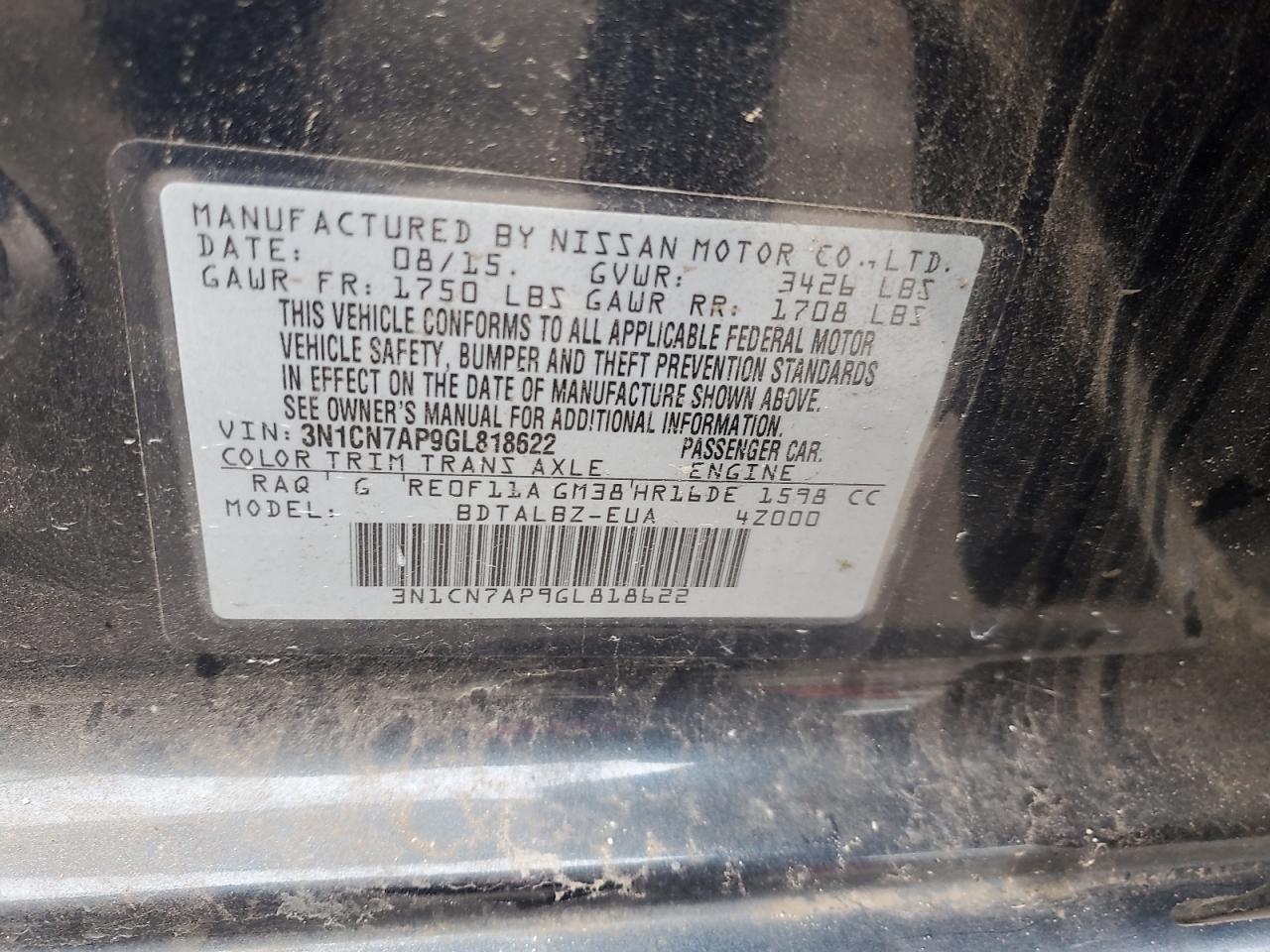 2016 Nissan Versa S VIN: 3N1CN7AP9GL818622 Lot: 85913745