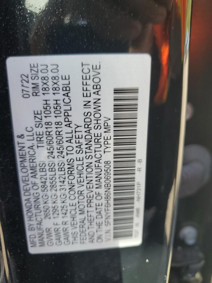 2022 Honda Pilot Trailsport VIN: 5FNYF6H86NB069508 Lot: 84789735