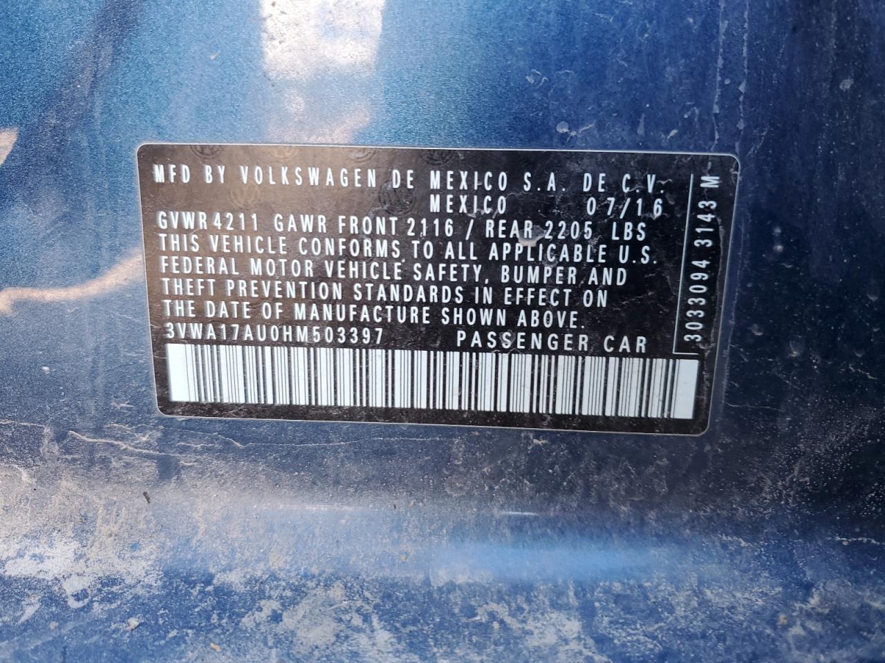 2017 Volkswagen Golf Sportwagen S VIN: 3VWA17AU0HM503397 Lot: 85293095