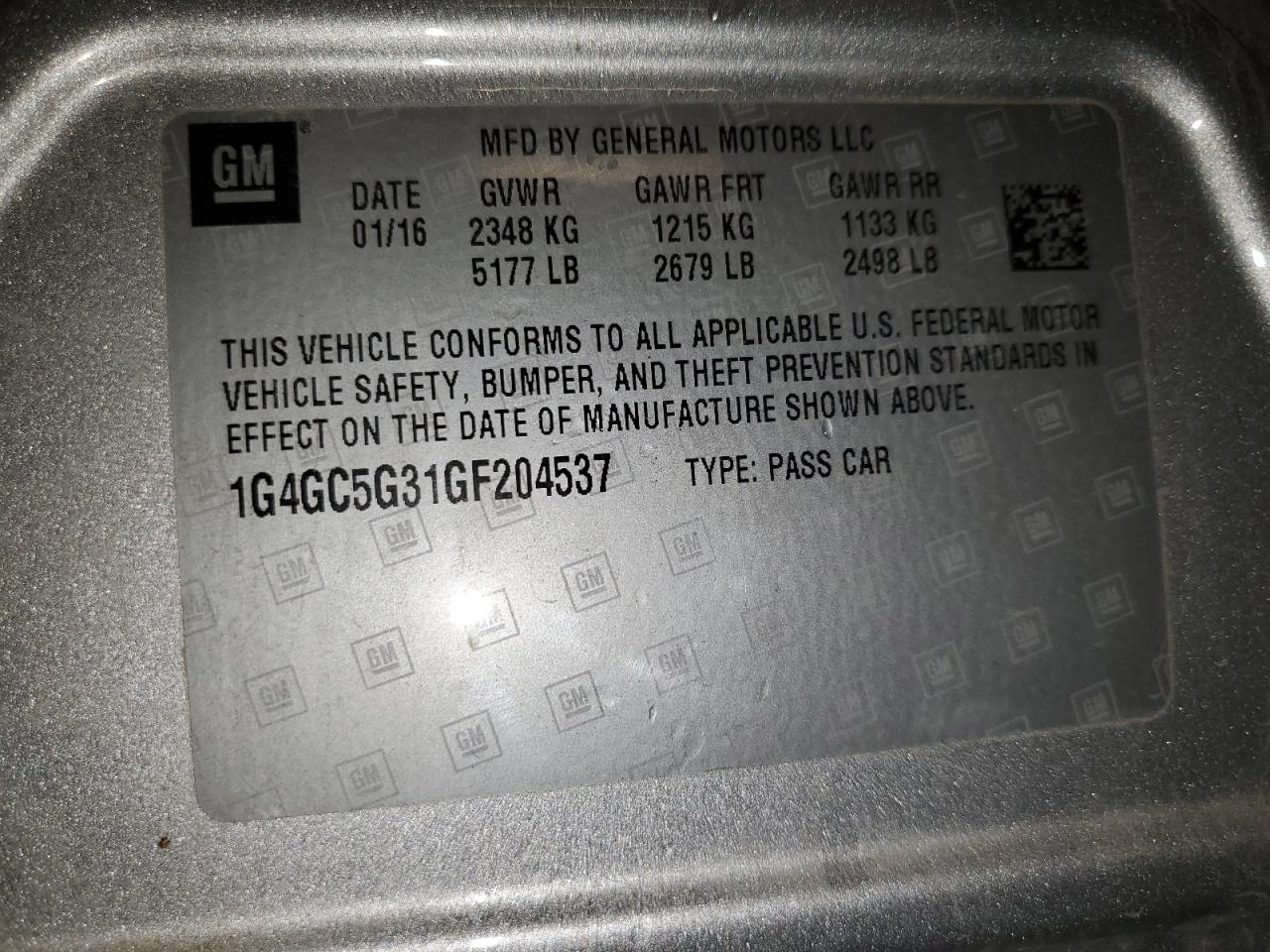 2016 Buick Lacrosse VIN: 1G4GC5G31GF204537 Lot: 85858055