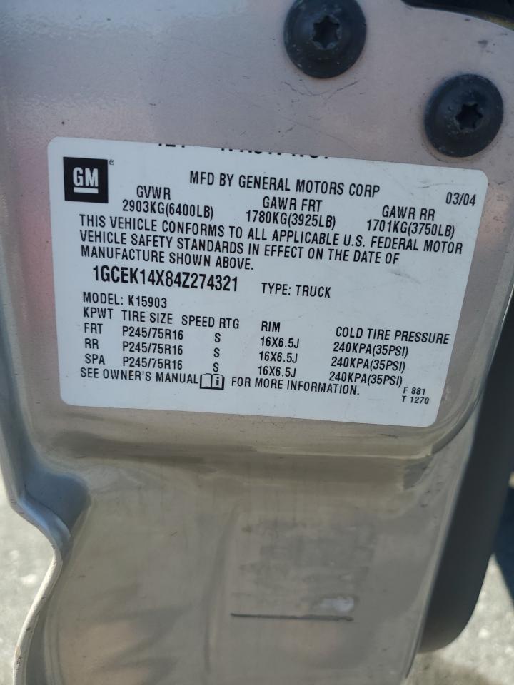 2004 Chevrolet Silverado K1500 VIN: 1GCEK14X84Z274321 Lot: 84877095