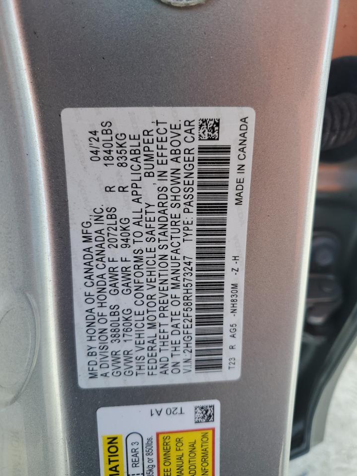 2024 Honda Civic Sport VIN: 2HGFE2F58RH573247 Lot: 84955595
