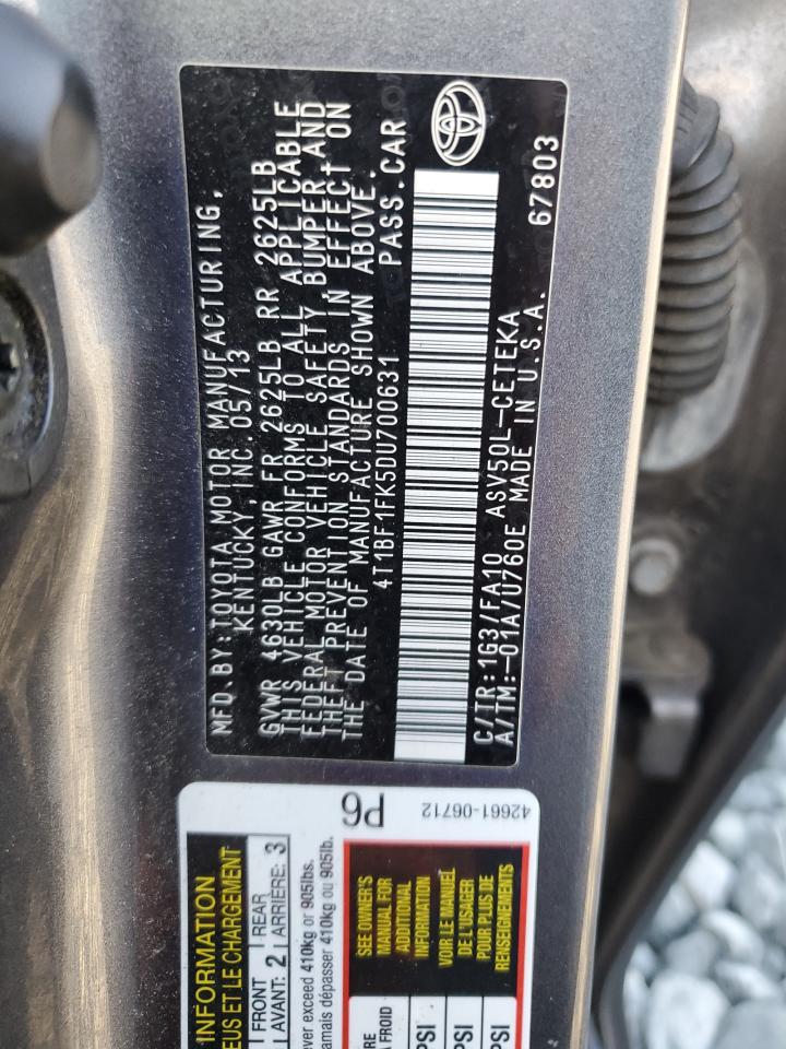 2013 Toyota Camry L VIN: 4T1BF1FK5DU700631 Lot: 82279245