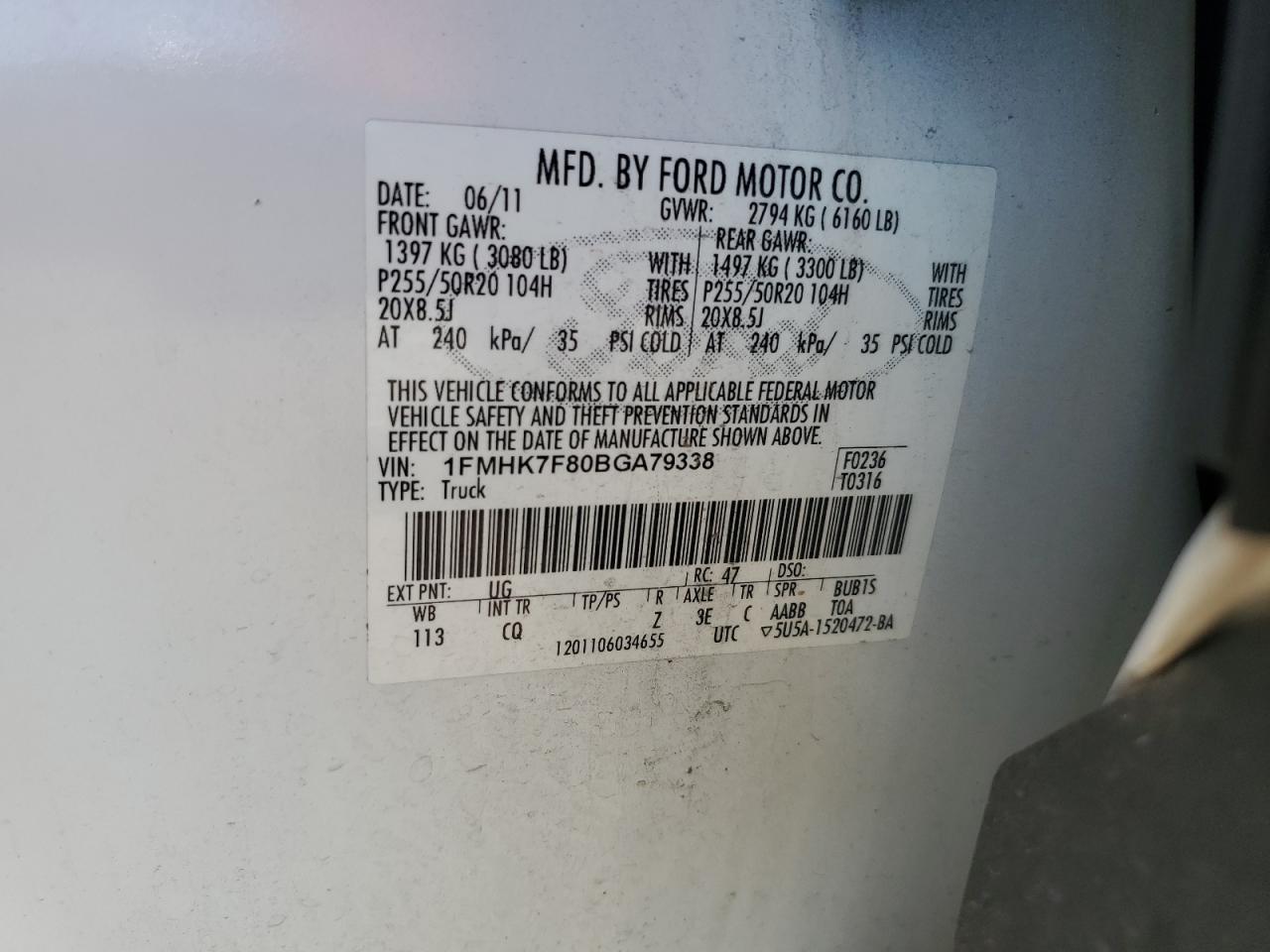 2011 Ford Explorer Limited VIN: 1FMHK7F80BGA79338 Lot: 85558775