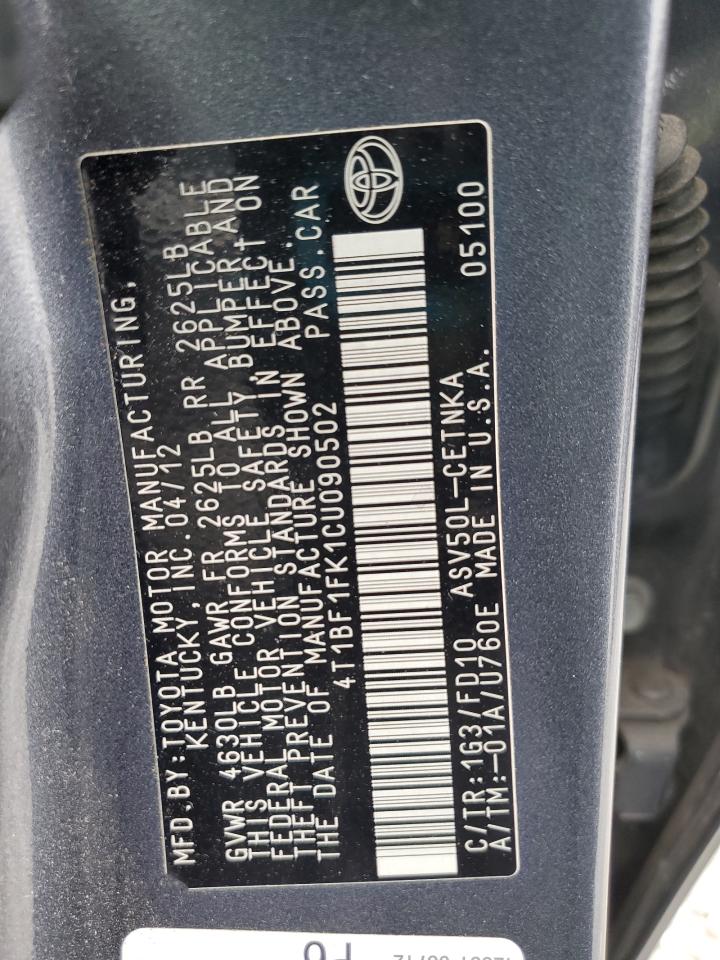 2012 Toyota Camry Base VIN: 4T1BF1FK1CU090502 Lot: 85315205