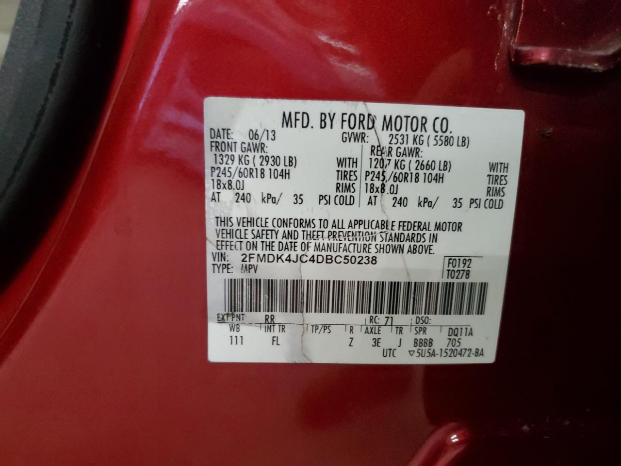 2013 Ford Edge Sel VIN: 2FMDK4JC4DBC50238 Lot: 89868465