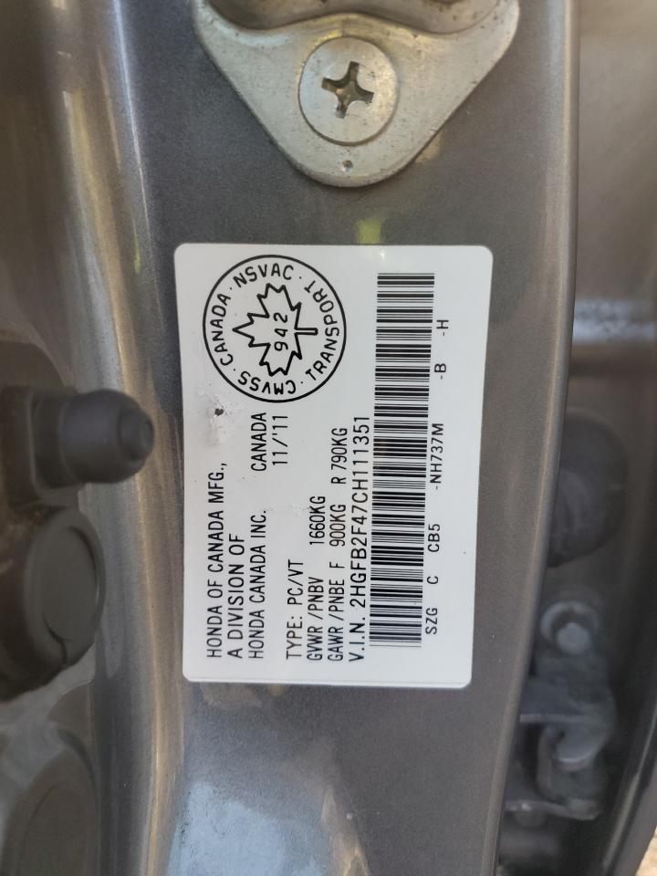 2012 Honda Civic Lx VIN: 2HGFB2F47CH111351 Lot: 85885995