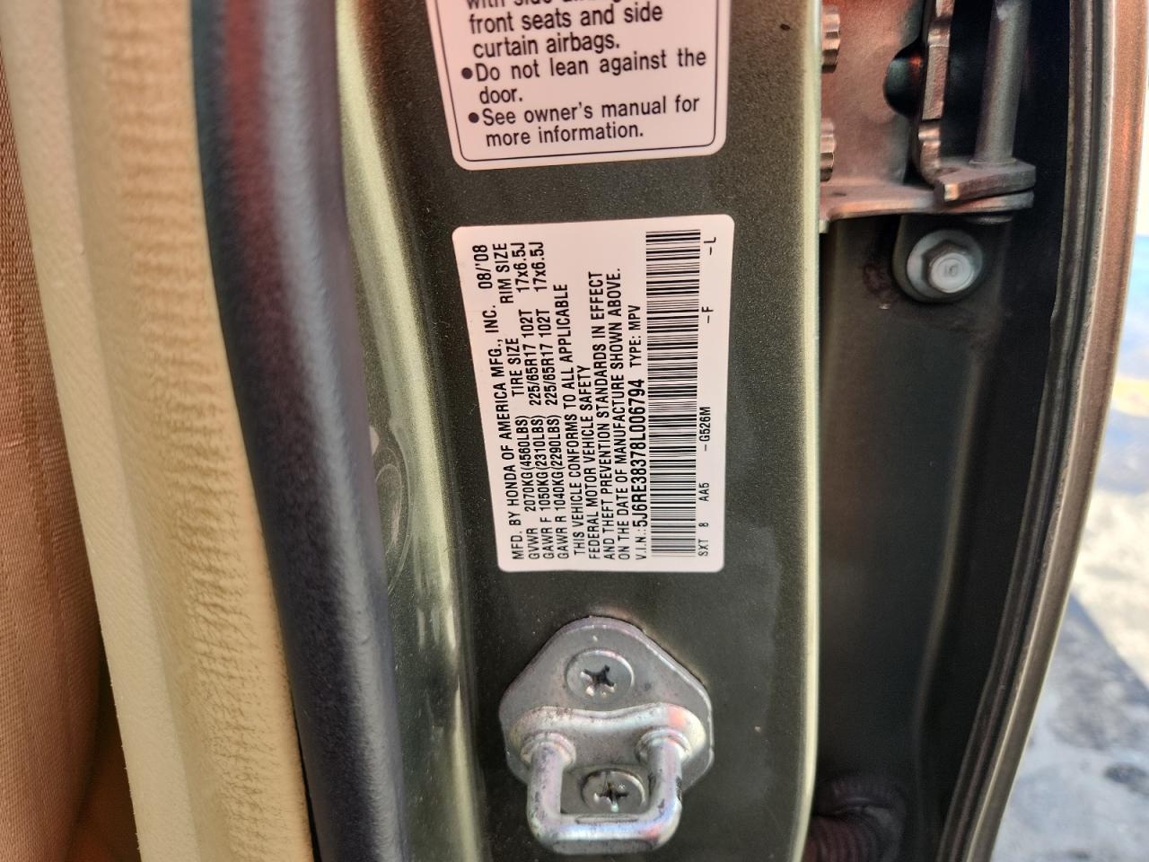 2008 Honda Cr-V Lx VIN: 5J6RE38378L006794 Lot: 81762715