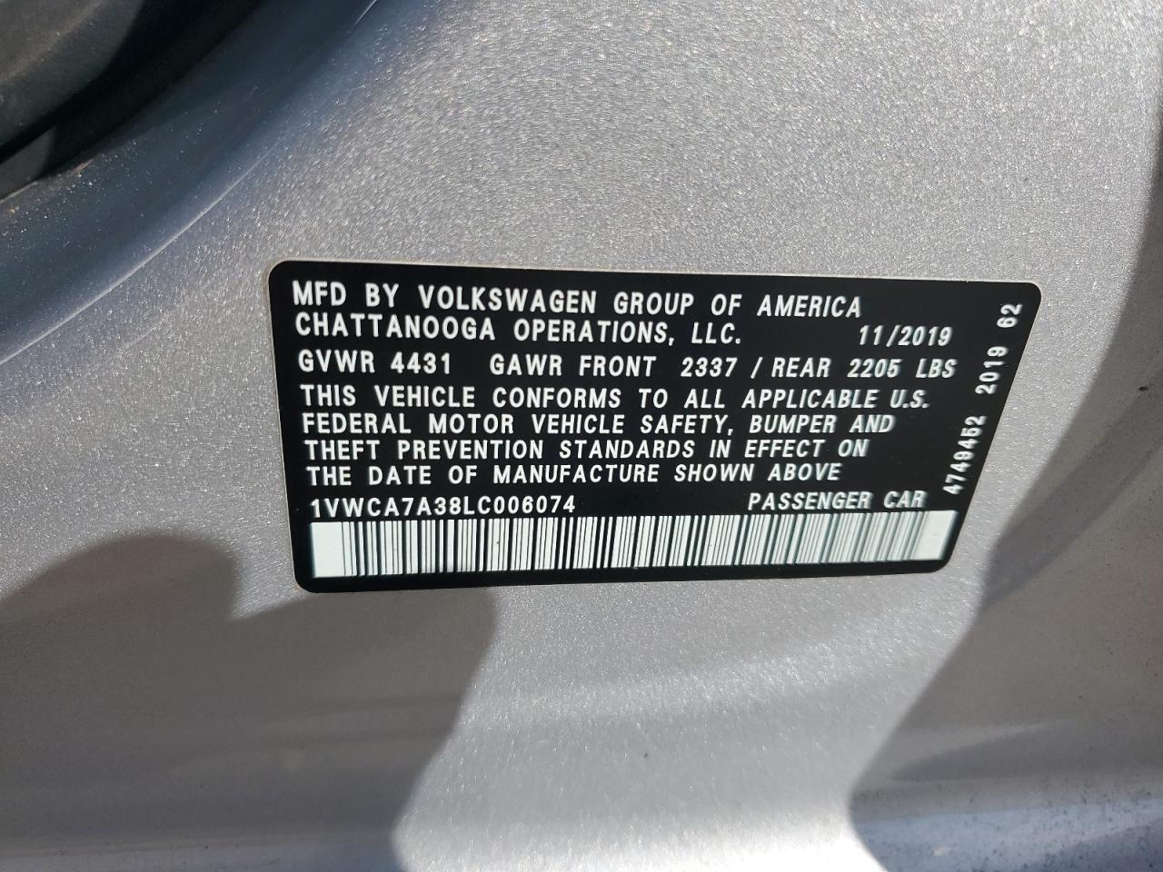 2020 Volkswagen Passat Sel VIN: 1VWCA7A38LC006074 Lot: 85088445