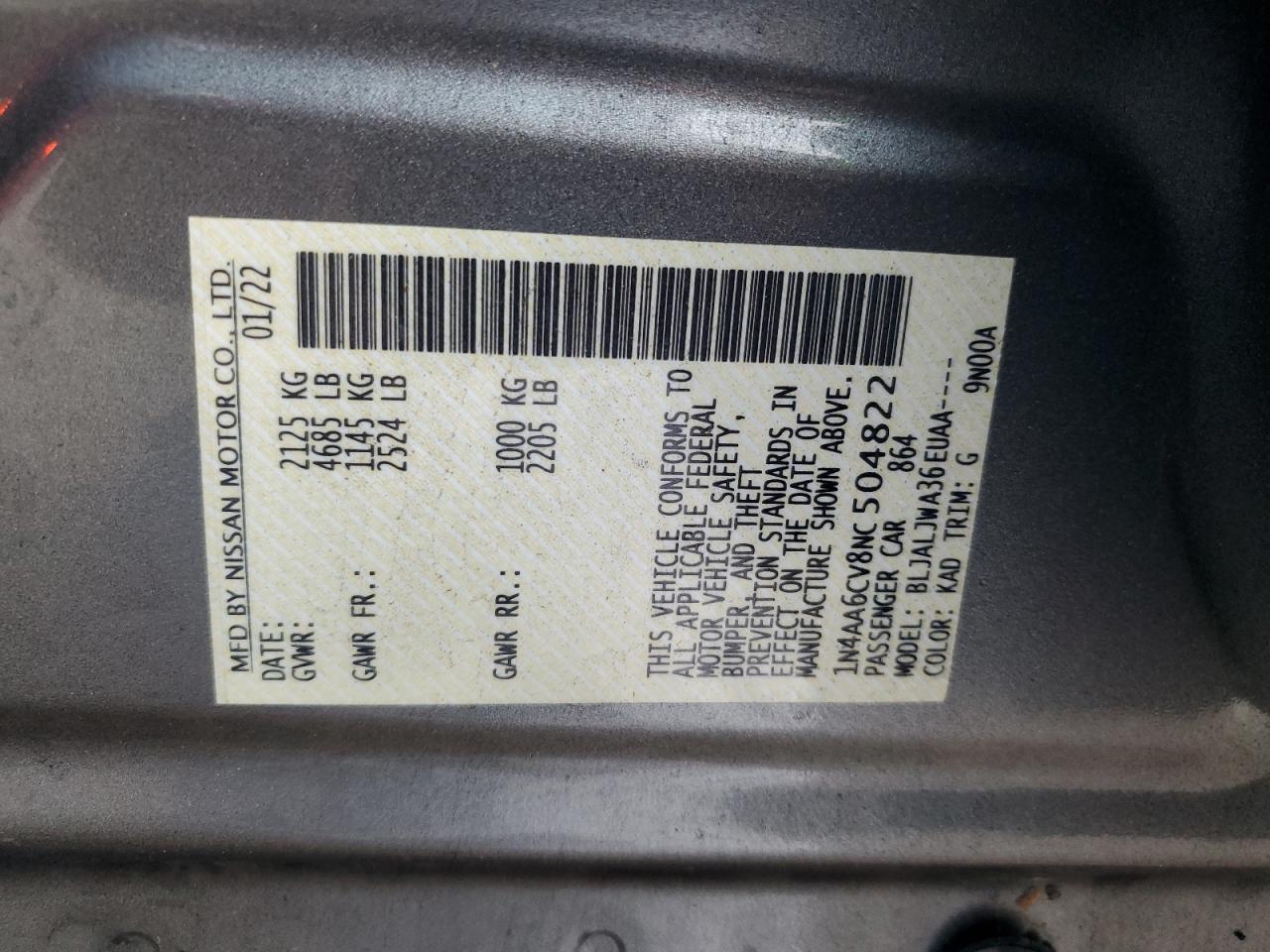 2022 Nissan Maxima Sv VIN: 1N4AA6CV8NC504822 Lot: 90551025