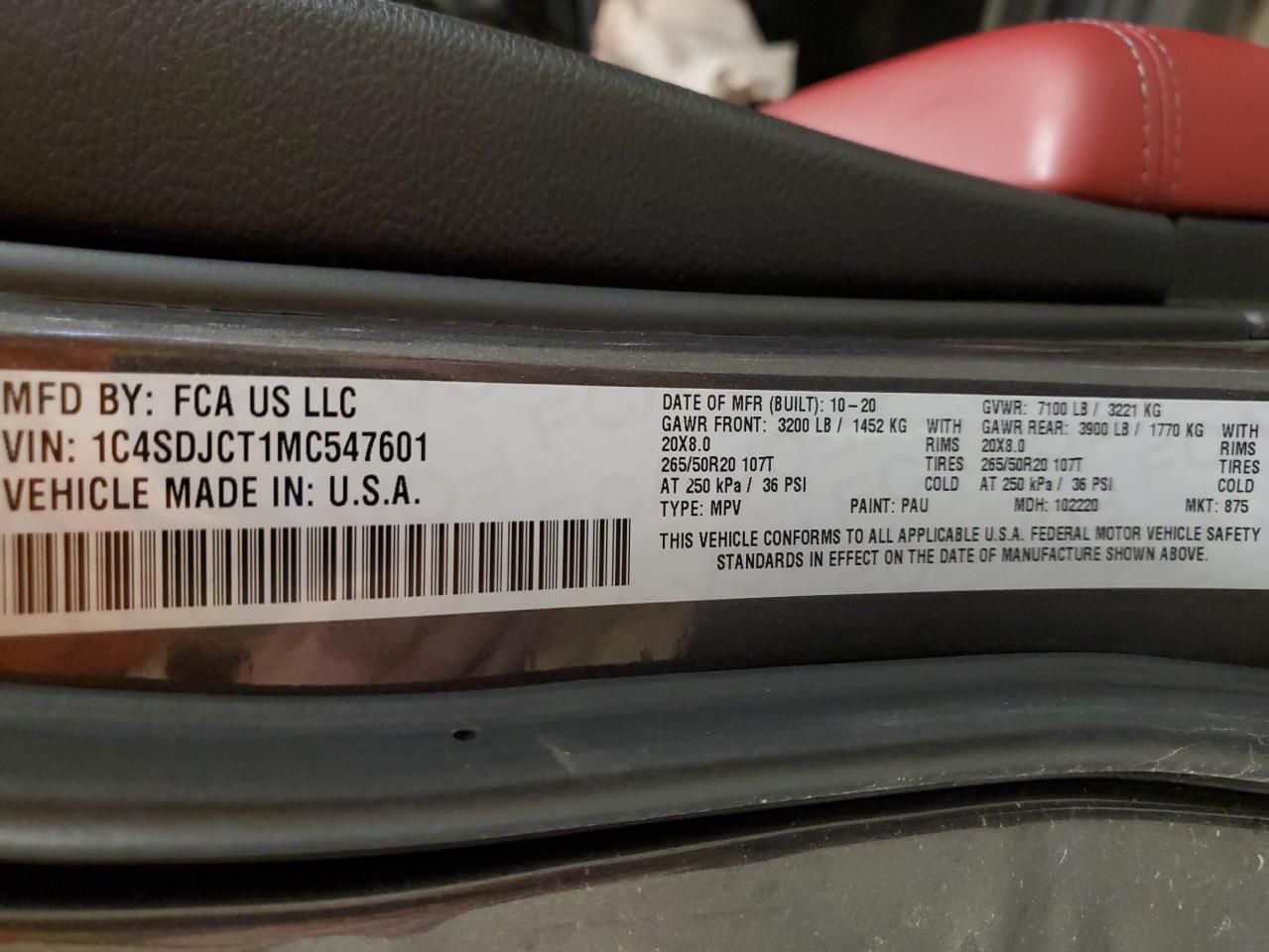 2021 Dodge Durango R/T VIN: 1C4SDJCT1MC547601 Lot: 87290705