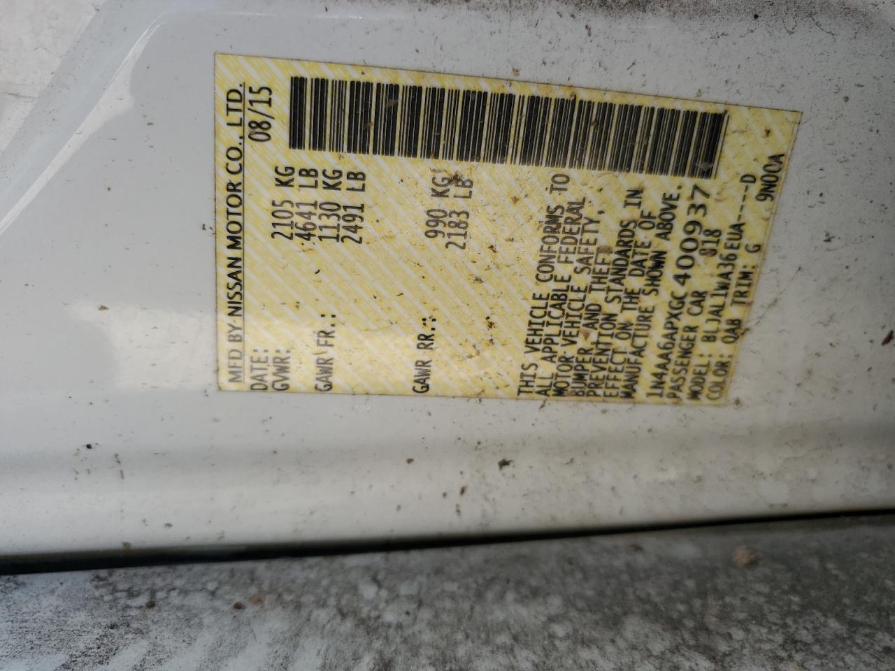 2016 Nissan Maxima 3.5S VIN: 1N4AA6APXGC400937 Lot: 85080215