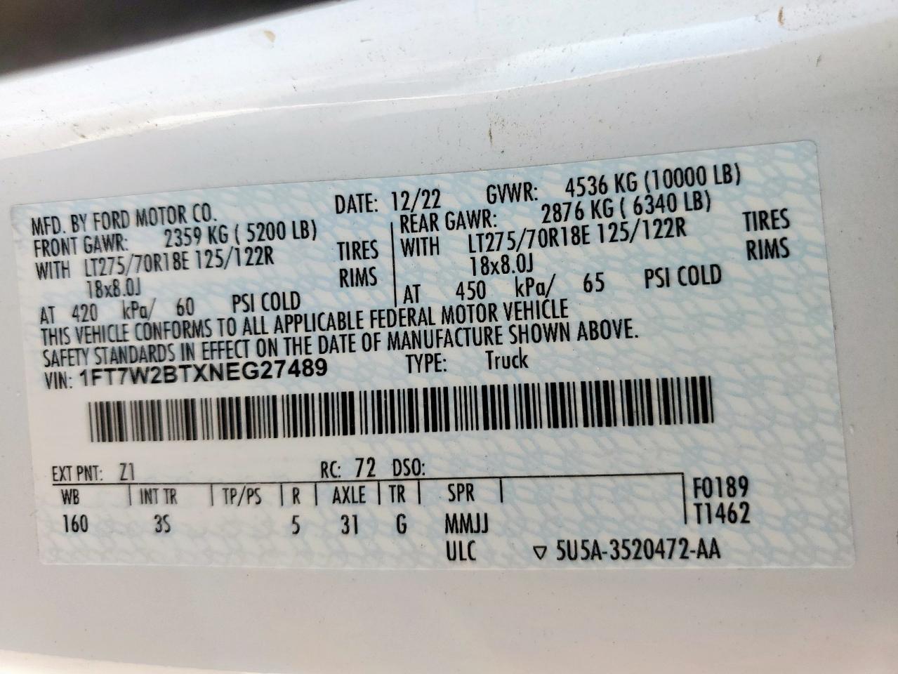 2022 Ford F250 Super Duty VIN: 1FT7W2BTXNEG27489 Lot: 85135165