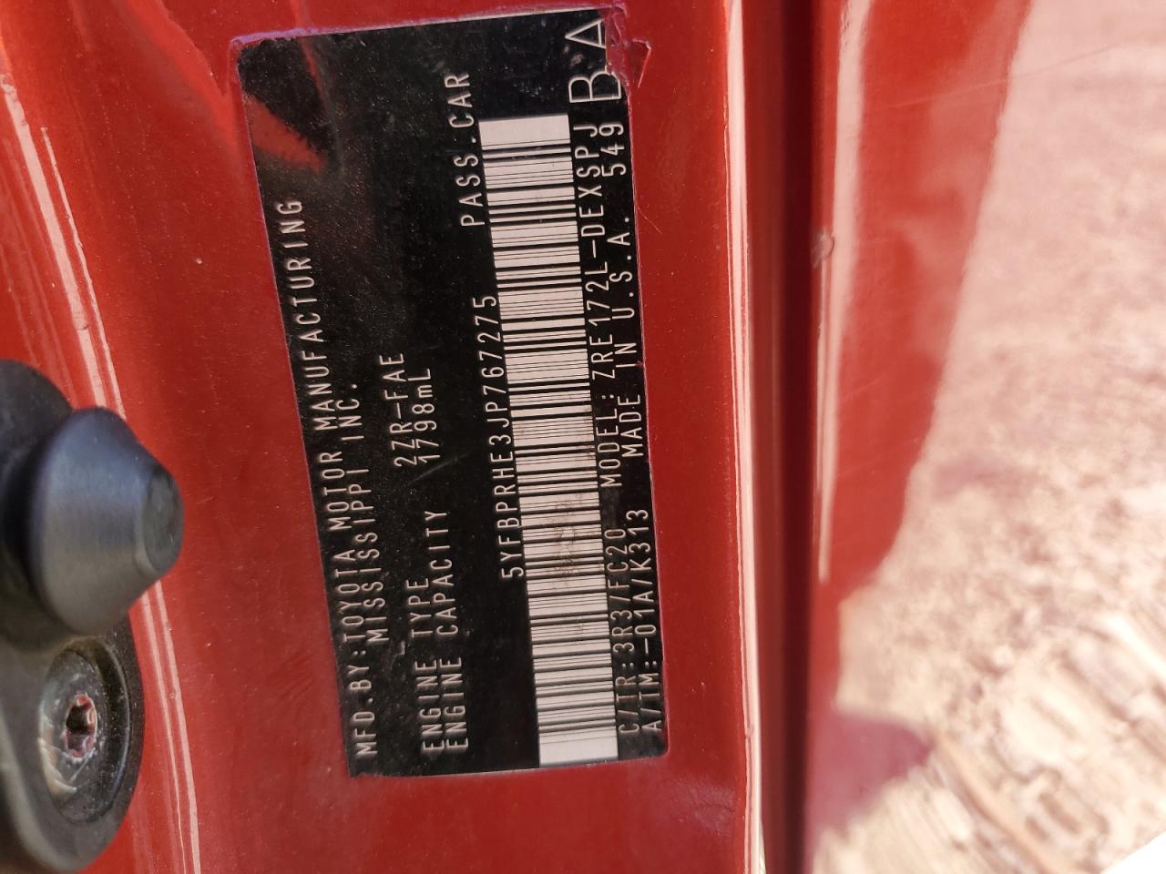 2018 Toyota Corolla Le Eco VIN: 5YFBPRHE3JP767275 Lot: 85144515