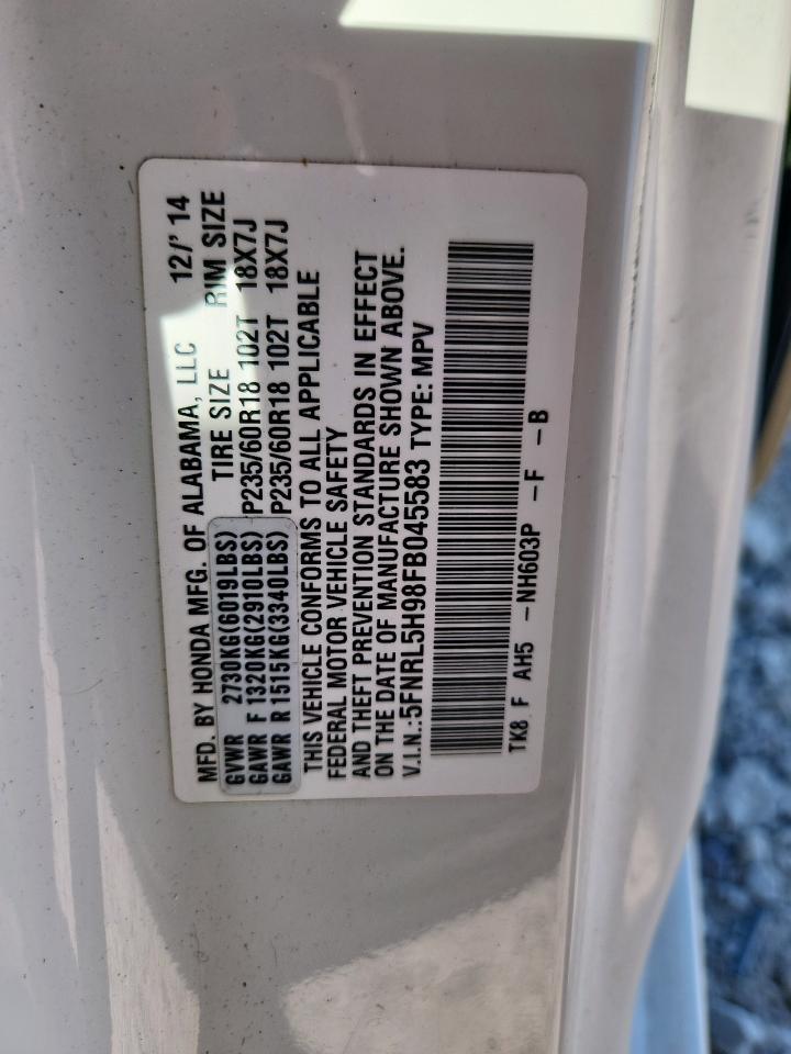 2015 Honda Odyssey Touring VIN: 5FNRL5H98FB045583 Lot: 82358465