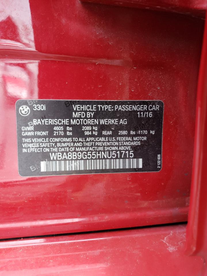 2017 BMW 330 I VIN: WBA8B9G55HNU51715 Lot: 91101345