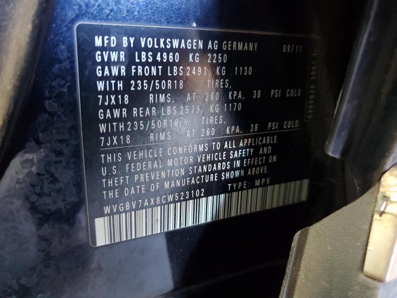 2012 Volkswagen Tiguan S VIN: WVGBV7AX8CW523102 Lot: 82259855