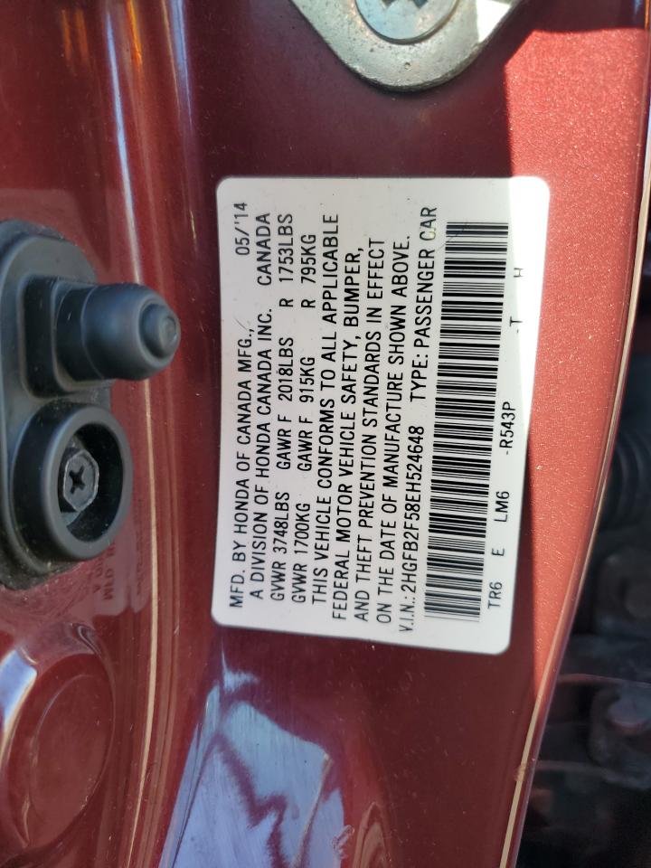 2014 Honda Civic Lx VIN: 2HGFB2F58EH524648 Lot: 87294455