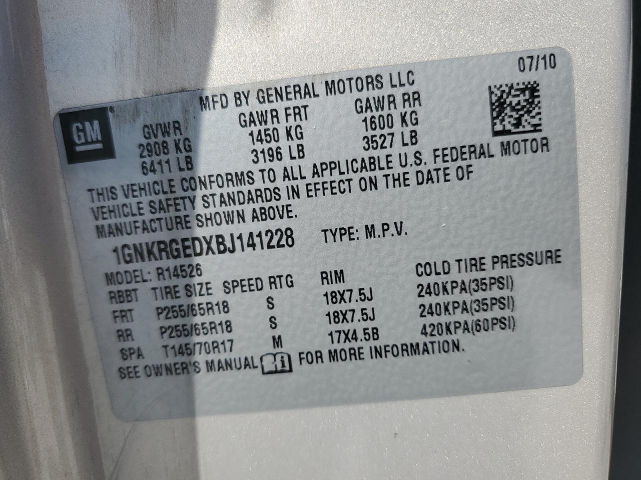 2011 Chevrolet Traverse Lt VIN: 1GNKRGEDXBJ141228 Lot: 85734965