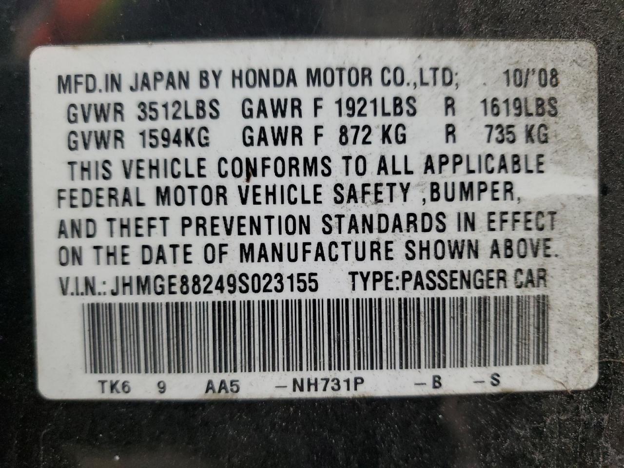 2009 Honda Fit VIN: JHMGE88249S023155 Lot: 90331185