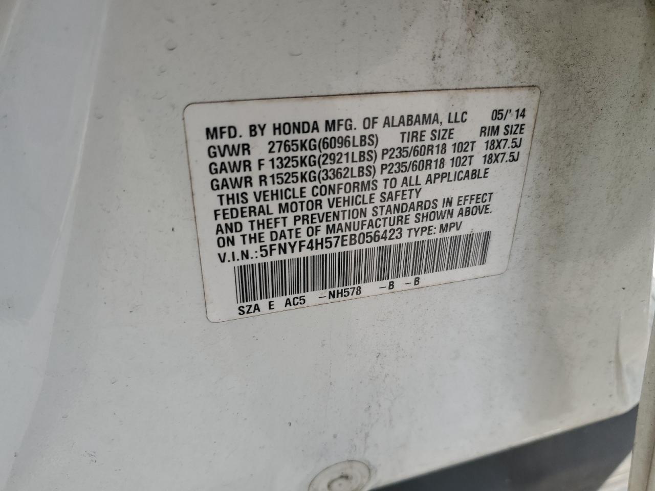 2014 Honda Pilot Exl VIN: 5FNYF4H57EB056423 Lot: 82177205