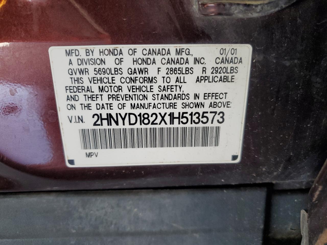 2001 Acura Mdx VIN: 2HNYD182X1H513573 Lot: 82200275