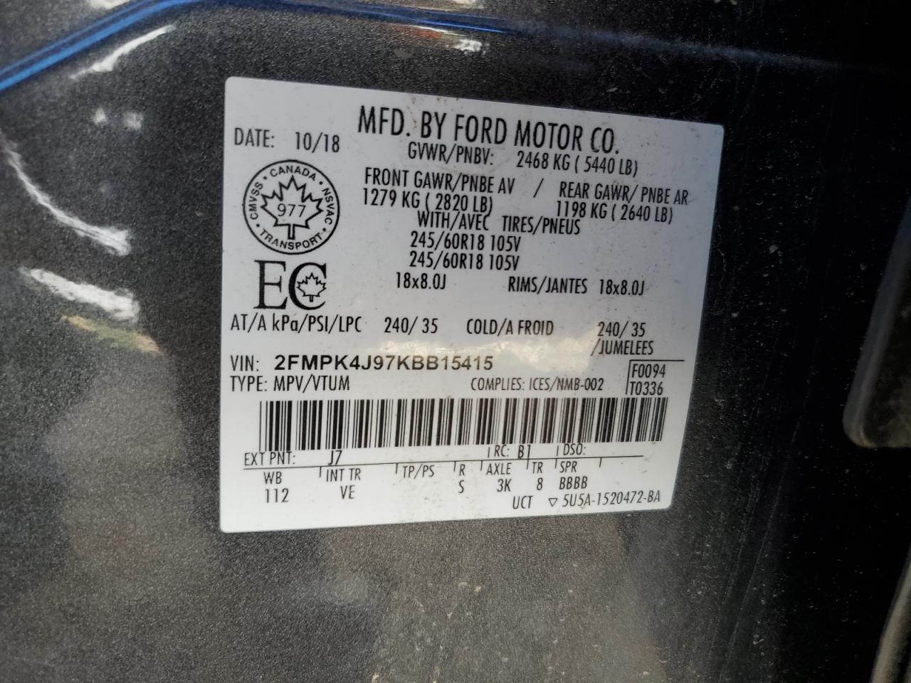 2019 Ford Edge Sel VIN: 2FMPK4J97KBB15415 Lot: 86328125